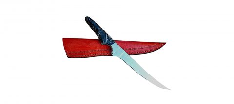 Handmade Flexible Fishing Fillet J2 Steel Knife, With Leather Sheath. Epoxy Resin slabs handle