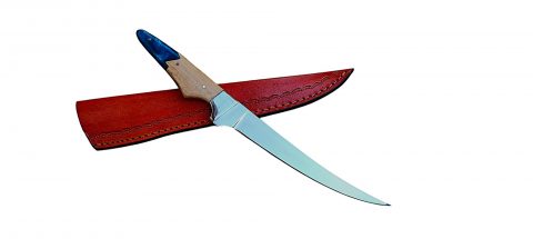 Handmade Flexible Fishing Fillet Knife J2 Steel, With Leather Sheath. Epoxy Resin slabs handle