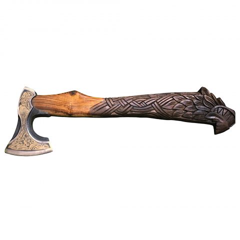 Handcrafted Viking Battle Axe with Engraved Blade and Carved Dragon Handle - Image 3
