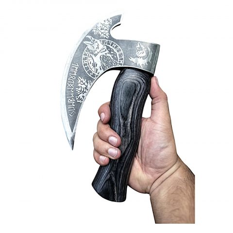 Hand-Forged Viking Axe | Engraved Norse Raven & Rune Etchings | Blackened Wood Handle With Leather Sheath - Image 4