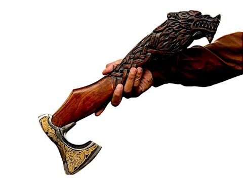 Handcrafted Viking Battle Axe with Engraved Blade and Carved Dragon Handle - Image 6