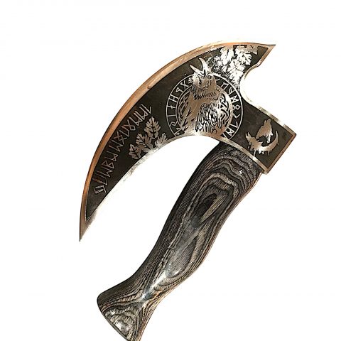 Hand-Forged Viking Axe | Engraved Norse Raven & Rune Etchings | Blackened Wood Handle With Leather Sheath