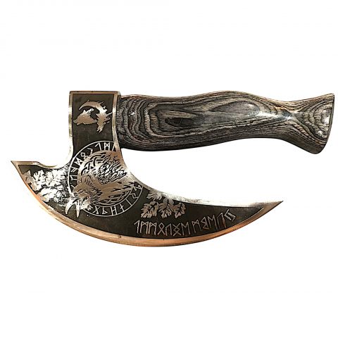 Hand-Forged Viking Axe | Engraved Norse Raven & Rune Etchings | Blackened Wood Handle With Leather Sheath - Image 2
