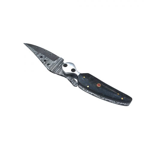 Damascus Resin Handle Folding Knife with Mosaic Pin & Leather Sheath - Image 5