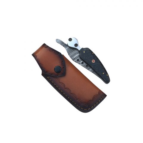 Damascus Resin Handle Folding Knife with Mosaic Pin & Leather Sheath - Image 6