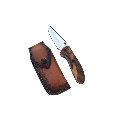 Artisan Folding Knife with Wood Grain Handle & Sheath